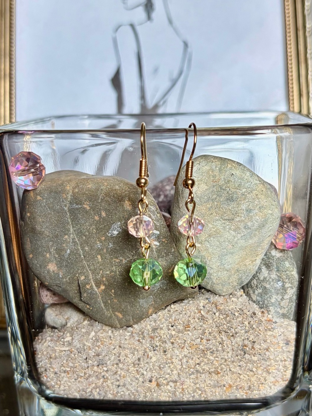 Gold Drop Earrings with Green and Pink Crystal Beads